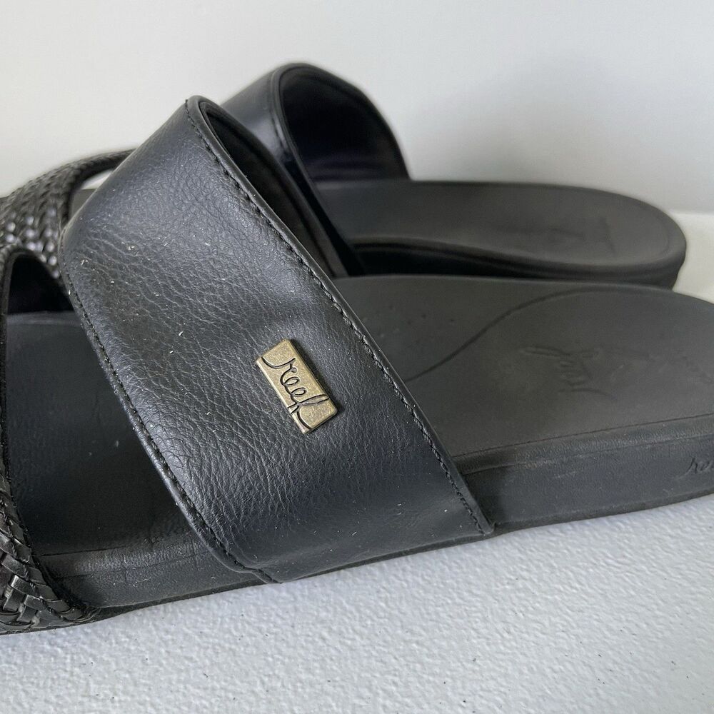 REEF Cushion Sandbar Slide Faux Leather Strappy Slip On Black Women's Size 8 - Picture 7 of 11